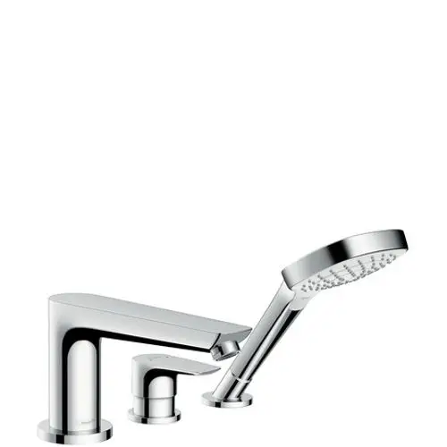 Wannenrandmischer aus Chrom mit zwei Bedienelementen und Handbrause. Hersteller ist Hansgrohe. Das Design ist modern und funktional.